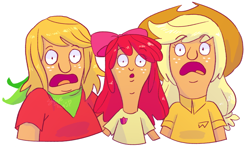 Size: 1280x757 | Tagged: safe, artist:stevetwisp, imported from derpibooru, apple bloom, applejack, big macintosh, human, apple siblings, apple sisters, bob's burgers, brother and sister, clothes, colored, crossover, female, freckles, gene belcher, looking at you, louise belcher, male, open mouth, shirt, siblings, simple background, sisters, tina belcher, white background