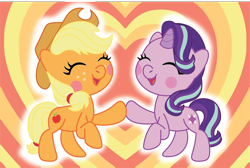 Size: 2940x1972 | Tagged: safe, artist:prixy05, imported from derpibooru, applejack, starlight glimmer, earth pony, pony, unicorn, applejack's hat, cowboy hat, duo, duo female, eyes closed, female, glimmerjack, hat, heart, heart background, horn, lesbian, shipping