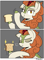 Size: 2021x2799 | Tagged: safe, artist:icey, imported from derpibooru, autumn blaze, kirin, 2 panel comic, bread, comic, eyes closed, female, food, magic trick, smiling, smug, snorting, toast
