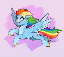 Size: 2055x1853 | Tagged: safe, artist:birdoffnorth, imported from derpibooru, rainbow dash, pegasus, pony, colored hooves, colored wings, countershading, floppy ears, fluffy, flying, looking back, open mouth, open smile, smiling, solo, spread wings, two toned wings, wings