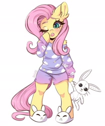 Size: 1710x2048 | Tagged: safe, artist:in4ri_, imported from derpibooru, fluttershy, pegasus, pony, semi-anthro, blushing, bunny plushie, clothes, doll, ear fluff, female, mare, one eye closed, pajamas, plushie, shoulder fluff, simple background, sleepy, slippers, solo, toy, white background, yawn