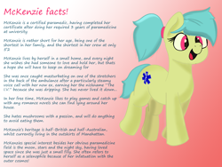 Size: 2000x1500 | Tagged: safe, artist:bazza, imported from derpibooru, oc, oc only, oc:mckenzie, earth pony, pony, cutie mark, earth pony oc, facts, gradient background, hair tie, jumping, photoshop, reference sheet, simple shading, smiling, solo