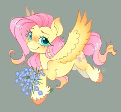 Size: 1024x945 | Tagged: safe, artist:catmintyt, imported from derpibooru, fluttershy, pegasus, pony, flower, flying, forget-me-not (flower), gray background, simple background, smiling, solo, unshorn fetlocks
