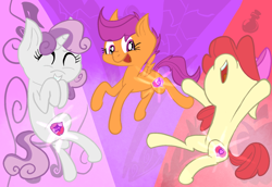 Size: 1280x882 | Tagged: safe, artist:kiwiplur, imported from derpibooru, apple bloom, scootaloo, sweetie belle, earth pony, pegasus, pony, unicorn, crusaders of the lost mark, abstract background, cutie mark crusaders, eyes closed, female, filly, foal, grin, horn, open mouth, smiling