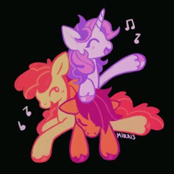 Size: 2048x2048 | Tagged: safe, artist:mira13mura, imported from derpibooru, apple bloom, scootaloo, sweetie belle, earth pony, pegasus, pony, unicorn, black background, cutie mark crusaders, female, filly, foal, horn, music notes, simple background