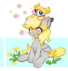 Size: 1253x1323 | Tagged: safe, artist:chonpsk, imported from derpibooru, derpy hooves, pegasus, pony, :o, abstract background, blowing bubbles, bubble, bubbles (powerpuff girls), crossover, female, flower, flower on ear, mare, open mouth, smiling, soap bubble, the powerpuff girls