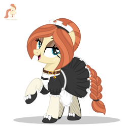 Size: 2500x2500 | Tagged: safe, alternate version, artist:r4hucksake, imported from derpibooru, oc, oc only, oc:frazzle, earth pony, pony, apron, base used, bedroom eyes, bell, bell collar, bow, clothes, collar, eyeshadow, fishnet clothing, fishnets, freckles, lidded eyes, maid, makeup, shoes, simple background, socks, solo, stockings, thigh highs, transparent background