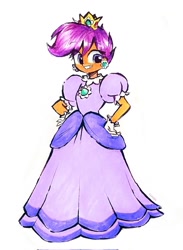 Size: 878x1200 | Tagged: safe, artist:liaaqila, imported from derpibooru, scootaloo, human, equestria girls, clothes, crown, cute, cutealoo, dress, ear piercing, earring, female, gloves, gown, grin, hand on hip, jewelry, piercing, poofy shoulders, princess daisy, princess scootaloo, regalia, smiling, solo, solo female, super mario bros.