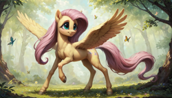 Size: 1920x1088 | Tagged: safe, imported from derpibooru, fluttershy, butterfly, pegasus, pony, ai content, ai generated, cute, fit, full body, generator:autismmix confetti, generator:stable diffusion, muscles, outdoors, prompter:truekry, shyabetes, slender, smiling, solo, spread wings, thin, wallpaper, wings