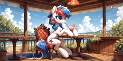 Size: 2048x1024 | Tagged: safe, imported from derpibooru, oc, oc only, oc:marussia, earth pony, pony, ai assisted, ai content, ai generated, chest fluff, drink, drinking, female, generator:pony diffusion v6 xl, generator:stable diffusion, nation ponies, ponified, prompter:oranzinispegasiukas, russia, solo, solo female