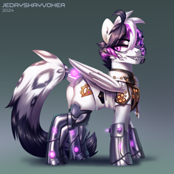 Size: 3000x3000 | Tagged: safe, artist:jedayskayvoker, imported from derpibooru, oc, oc:astral blade, cyborg, cyborg pony, hybrid, pony, amputee, clothes, commission, fangs, folded wings, gold, gradient background, gritted teeth, hybrid oc, lineless, long tail, looking back, male, prosthetic eye, prosthetic leg, prosthetic limb, prosthetics, solo, stallion, suit, tail, teeth, wings
