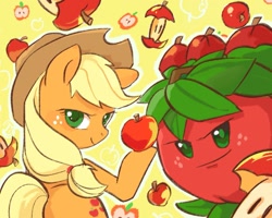 Size: 2199x1761 | Tagged: safe, artist:高纯度灰, imported from derpibooru, applejack, earth pony, pony, abstract background, apple, female, food, looking at you, mare