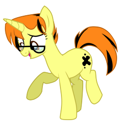 Size: 2500x2500 | Tagged: safe, artist:mitexcel, imported from derpibooru, oc, oc only, oc:merille artienda, pony, unicorn, base used, brown eyes, glasses, highlights, horn, nonbinary, orange mane, orange tail, simple background, solo, tail, transparent background, yellow coat