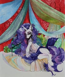 Size: 1817x2160 | Tagged: safe, artist:yanisfucker, imported from derpibooru, rarity, pony, unicorn, bed, blanket, female, horn, lidded eyes, lying down, mare, on side, pen drawing, pipe, slender, solo, thin, traditional art