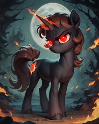 Size: 1024x1280 | Tagged: prompter needed, safe, imported from derpibooru, oc, oc only, pony, unicorn, ai content, ai generated, black coat, brown mane, female, fire, frown, full body, full moon, generator:stable diffusion, glowing, glowing eyes, horn, magic, magic aura, mare, moon, night, outdoors, red eyes, solo, tree, unshorn fetlocks