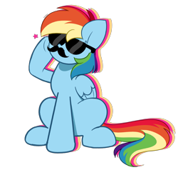 Size: 3519x3356 | Tagged: safe, artist:kittyrosie, imported from derpibooru, rainbow dash, pegasus, pony, cute, dashabetes, facial hair, fake moustache, female, mare, moustache, multicolored hair, rainbow hair, rainbow tail, raised hoof, simple background, sitting, solo, sunglasses, tail, transparent background