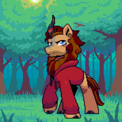 Size: 720x720 | Tagged: safe, artist:hikkage, imported from derpibooru, oc, oc:pixel cache, kirin, nirik, animated, clothes, ear piercing, earring, fire, forest, frown, gif, grass, hoodie, horn, jewelry, looking at you, mane, nature, outdoors, piercing, solo, sweater, tail, transformation, tree