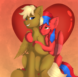 Size: 2609x2600 | Tagged: safe, artist:flapstune, imported from derpibooru, oc, oc only, oc:caramel crunch, oc:ivory flare, chest fluff, colored wings, commission, ear fluff, female, fluffy, heart, heart background, hug, looking at each other, looking at someone, male, mare, signature, sitting, smiling, smiling at each other, spread wings, stallion, two toned mane, two toned wings, wings, ych result
