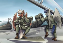 Size: 900x628 | Tagged: safe, artist:buckweiser, imported from derpibooru, anthro, pegasus, clothes, female, fighter pilot, fighter plane, flight suit, jet, jet fighter, male, mare, pilot, stallion