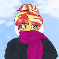 Size: 2000x2000 | Tagged: safe, alternate version, artist:artevi, imported from derpibooru, sunset shimmer, human, equestria girls, alternate hairstyle, blushing, bun hairstyle, clothes, cloud, cute, earmuffs, female, high res, jacket, scarf, solo, winter
