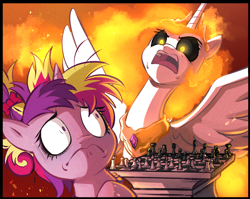 Size: 1500x1195 | Tagged: safe, artist:asura-00, artist:lummh, imported from derpibooru, daybreaker, princess cadance, alicorn, pony, comic:the princess of love, chess, chess piece, collaboration, duo, duo female, female, filly, filly cadance, frown, glowing, glowing eyes, mane of fire, mare, messy mane, spread wings, wings, younger