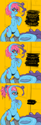 Size: 1000x3000 | Tagged: safe, artist:slugbox, imported from derpibooru, oc, oc only, oc:cteno, goo, goo pony, original species, pony, blushing, clothes, female, glasses, mare, ponytail, simple background, skinny, socks, solo, solo female, speech, speech bubble, strategically covered, talking, thin, yellow background