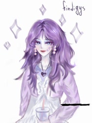 Size: 793x1060 | Tagged: safe, artist:findigys, imported from derpibooru, rarity, human, alternate hairstyle, cardigan, clothes, cup, dress, drink, drinking straw, ear piercing, earring, eyeshadow, face tattoo, female, humanized, jewelry, lipstick, makeup, necklace, piercing, simple background, solo, tattoo, white background