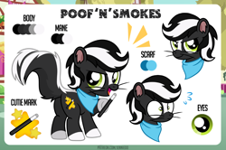 Size: 1200x798 | Tagged: safe, artist:jennieoo, imported from derpibooru, oc, hybrid, pony, skunk, skunk pony, cutie mark, eye, eyes, fluffy tail, gift art, happy, laughing, looking at you, looking back, magic wand, patreon, patreon reward, reference sheet, shocked, shocked expression, shocked eyes, show accurate, skunk tail, smiling, smiling at you, smug, solo, tail, vector