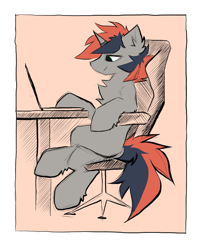 Size: 1745x2160 | Tagged: safe, artist:kejifox, imported from derpibooru, oc, oc only, oc:svetomech, unicorn, armchair, beige background, chair, chest fluff, computer, hoof fluff, horn, horn ring, jewelry, laptop computer, male, picture, programming, ring, simple background, sitting, sketch, stallion, table