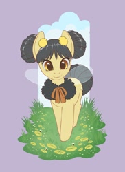 Size: 1490x2048 | Tagged: safe, artist:taytinabelle, imported from derpibooru, oc, oc only, unnamed oc, bee, bee pony, hybrid, insect, original species, pony, bumblebee, cloud, cute, female, flower, grass, hair bun, hybrid oc, insect wings, looking at you, mare, neck bow, pigtails, smiling, solo, unnamed character, unnamed pony, wings