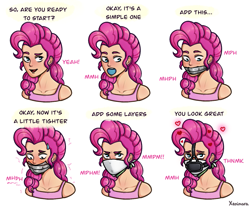 Size: 1281x1059 | Tagged: safe, artist:xeninara, imported from derpibooru, pinkie pie, human, bondage, comic, dialogue, female, femsub, floating heart, gag, gag sequence, heart, humanized, muzzle, muzzle gag, simple background, speech bubble, submissive, white background