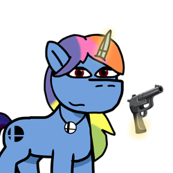 Size: 1280x1280 | Tagged: safe, artist:josephthedumbimpostor, imported from derpibooru, oc, oc:selena smash, pony, unicorn, gun, horn, ponified, rule 85, simple background, solo, super smash bros., weapon, white background