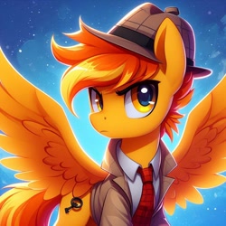 Size: 1024x1024 | Tagged: safe, artist:ncolque, imported from derpibooru, oc, oc:firey ratchet, pegasus, pony, ai content, ai generated, clothes, detective, fedora, hat, male, necktie, suit, tuxedo