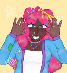 Size: 1091x1187 | Tagged: safe, artist:waterdogpizza, imported from derpibooru, pinkie pie, human, alternate hairstyle, braces, clothes, dark skin, female, gap teeth, grin, humanized, jewelry, necklace, nose piercing, nose ring, piercing, ring, shirt, simple background, smiling, solo, yellow background