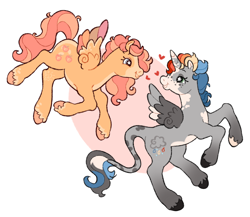 Size: 2048x1775 | Tagged: safe, artist:cocopudu, imported from derpibooru, oc, oc only, alicorn, pegasus, pony, colored wings, commission, duo, duo female, female, floating heart, flying, g2, heart, leonine tail, looking at each other, looking at someone, mare, multicolored wings, rainbow wings, rearing, simple background, smiling, smiling at each other, starry eyes, tail, unshorn fetlocks, white background, wingding eyes, wings