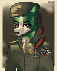 Size: 2400x3000 | Tagged: safe, artist:poxy_boxy, imported from derpibooru, oc, oc:well geboren, dog, dog pony, earth pony, hybrid, original species, pony, beard, clothes, equestria medal of honor, facial hair, high res, major wings, medals, ponytail, revised, shoulder patch, uniform, war thunder, wingman award