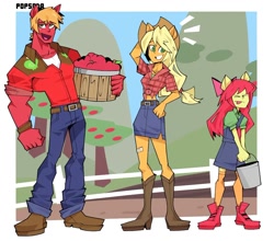 Size: 1080x951 | Tagged: safe, artist:diego_sodapop, imported from derpibooru, apple bloom, applejack, big macintosh, anthro, earth pony, apple, apple siblings, apple sisters, apple tree, boots, brother and sister, bucket, clothes, denim, dress, eyes closed, female, food, jeans, male, pants, shoes, siblings, sisters, skirt, tongue out, tree