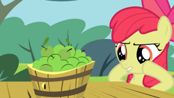 Size: 1920x1080 | Tagged: safe, artist:aidanproject, imported from derpibooru, apple bloom, earth pony, pony, bucket, female, filly, foal, green apple, hooves on cheeks, show accurate, solo, table, tree