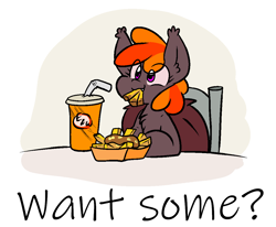 Size: 1134x935 | Tagged: safe, artist:zutcha, imported from derpibooru, oc, oc only, pony, bust, chest fluff, eating, eye clipping through hair, female, food, french fries, mare, mouth hold, poutine, puffy cheeks, simple background, soda, solo, text, white background