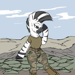Size: 2048x2048 | Tagged: safe, artist:mare_enjoyer, imported from derpibooru, zecora, zebra, afghanistan, army, boots, camouflage, clothed ponies, clothes, shoes, solo, sweat, uniform, us army