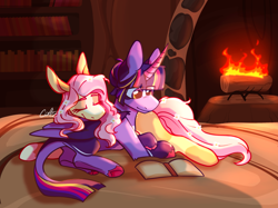 Size: 2048x1535 | Tagged: safe, artist:crappy-coffee, imported from derpibooru, fluttershy, twilight sparkle, alicorn, pegasus, pony, alternate design, alternate hair color, blaze (coat marking), book, coat markings, colored wings, duo, duo female, eye clipping through hair, eyes closed, facial markings, female, fireplace, flower, flower in hair, folded wings, golden oaks library, horn, leonine tail, lesbian, lying down, mare, reading, shadow, shipping, signature, sleeping, smiling, tail, twilight sparkle (alicorn), twishy, two toned wings, unshorn fetlocks, wings