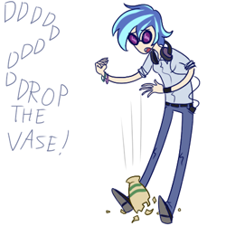 Size: 400x400 | Tagged: safe, artist:7nights, imported from derpibooru, dj pon-3, vinyl scratch, human, adventure time, antes, bracelet, clothes, crossover, drop the bass, glasses, headhones, humanized, jewelry, mp3 player, parody, pun, shirt, vase