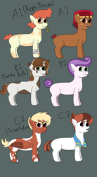 Size: 2100x3800 | Tagged: safe, artist:dexterousdecarius, imported from derpibooru, oc, earth pony, pegasus, unicorn, adoptable, bandage, blank flank, body markings, coat markings, colored wings, earth pony oc, freckles, half-siblings, headband, horn, offspring, parent:apple bloom, parent:pipsqueak, parent:scootaloo, parent:sweetie belle, parents:pipbloom, parents:scootasqueak, parents:sweetiesqueak, pegasus oc, pinto, scar, siblings, spots, towel, two toned wings, unicorn oc, wings