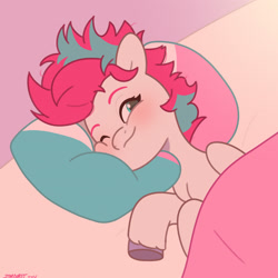 Size: 2480x2480 | Tagged: safe, artist:starburstuwu, imported from derpibooru, zipp storm, pegasus, pony, adorazipp, bed, bed hair, bed mane, blanket, blushing, cute, female, g5, high res, in bed, looking at you, mare, morning ponies, one eye closed, pillow, smiling, smiling at you, solo, unshorn fetlocks