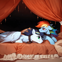 Size: 4096x4096 | Tagged: safe, imported from derpibooru, rainbow dash, soarin', ai content, ai generated, bed, bedroom, chains, female, generator:purplesmart.ai, generator:stable diffusion, male, prompter:*rainbow dash*, shipping, slave, slave collar, soarindash, straight