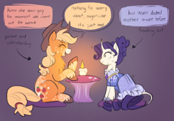 Size: 2048x1423 | Tagged: safe, artist:churrokat, imported from derpibooru, applejack, rarity, classical unicorn, earth pony, pony, unicorn, alternate design, alternate hairstyle, alternate tailstyle, applejack's hat, blonde mane, blonde tail, body freckles, candle, candlelight dinner, chest fluff, clothes, cloven hooves, colored hooves, colored muzzle, colored sketch, cowboy hat, curly mane, curly tail, curved horn, cushion, dialogue, dress, ear fluff, eyebrows, eyebrows visible through hair, facial markings, fancy dress, female, fetlock tuft, freaking out, freckles, gown, gradient background, grin, hair bun, hat, height difference, horn, leg freckles, leonine tail, lesbian, mare, mealy mouth (coat marking), motion lines, nervous, nervous grin, nervous sweat, open mouth, open smile, orange coat, physique difference, ponytail, profile, purple mane, purple tail, raised hoof, rarijack, redesign, ringlets, shipping, shrunken pupils, sitting, sketch, smiling, speech bubble, splotches, straight mane, straight tail, sweat, tail, talking, text, tied mane, tied tail, unicorn horn, unshorn fetlocks, wall of tags, white coat, wide eyes