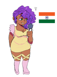 Size: 541x724 | Tagged: safe, artist:kreeeeeez, artist:kryzies, imported from derpibooru, pipp petals, human, cyan eyes, g5, heart, human coloration, humanized, indian, microphone, pink shoes, pink socks, purple hair, simple background, smiling, solo, white background, yellow dress