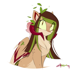 Size: 1417x1362 | Tagged: safe, artist:madragon, imported from derpibooru, oc, oc only, oc:helemaranth, pegasus, chest fluff, cute, female oc, freckles, horns, leaves, leaves in hair, looking at you, pegasus oc, shy, simple background, solo, white background, wings