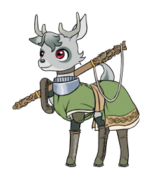 Size: 1269x1466 | Tagged: safe, artist:multiverseequine, derpibooru exclusive, imported from derpibooru, oc, oc only, oc:sycamore, deer, pony, antlers, armor, boots, buck, choker, clothes, colored eartips, deer oc, full body, grey hair, horizontal pupils, male, non-pony oc, red eyes, robe, shoes, shoulder pads, simple background, solo, staff, standing, tail, transparent background, weapon, writing