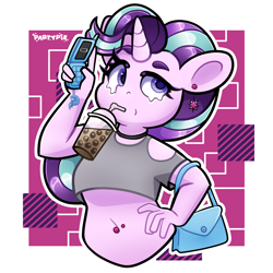 Size: 4000x4000 | Tagged: safe, artist:partypievt, imported from derpibooru, starlight glimmer, anthro, unicorn, bag, belly button, belly piercing, bubble tea, cellphone, clothes, drink, ear piercing, earring, hand on hip, handbag, horn, jewelry, looking back, looking up, phone, piercing, redraw, sassy, short shirt, shoulderless, simple background, solo